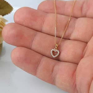 Diamond heart necklace / 14k yellow gold and diamonds small heart pendant / tiny diamond heart charm