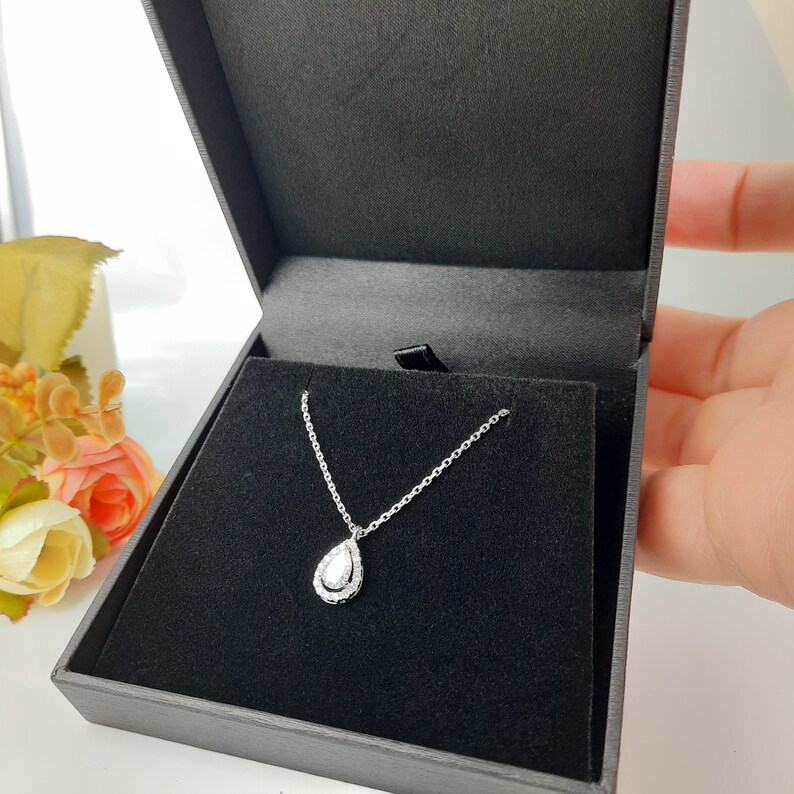 0.40 CT Center Pear Shaped Diamond Pendant Necklace, Halo Diamonds in