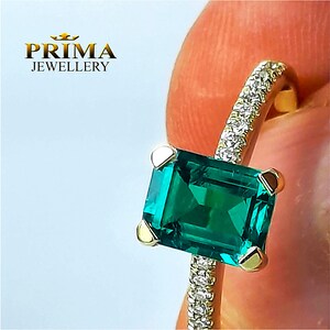Emerald Engagement Ring | Lab-Created Emerald Cut with Side Diamonds | 14K Yellow Gold Gemstone Ring | Elegant Gift for Her