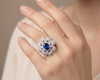 Oval Sapphire and Diamond Ring, 14k White Gold, Handmade