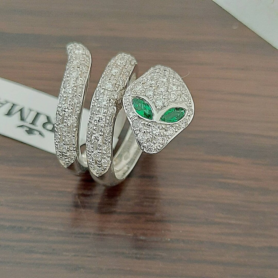 Antique Silver Snake Ring With Green Emerald Eyes – Adjustable, 10 Gemstones – Unbranded