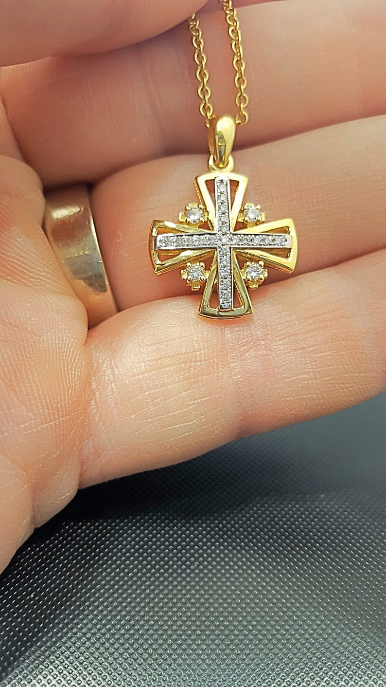 Jerusalem cross necklace in Yellow gold and diamonds/ handmade Etsy