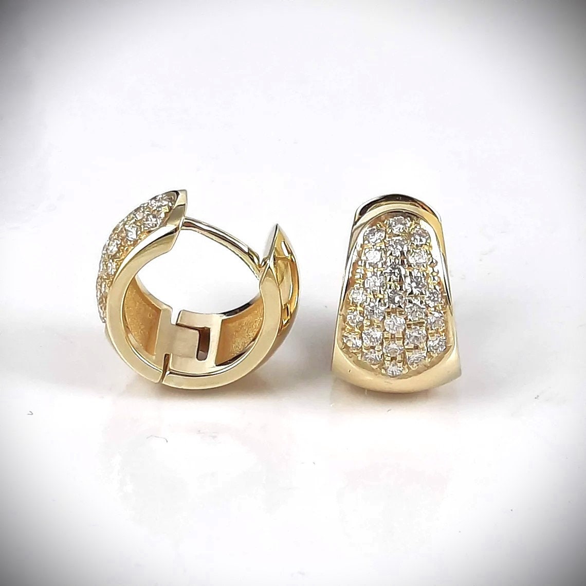 Small and wide huggie earrings made of solid 14k yellow gold and set with 5 rows of diamonds |  Bridal earring |  Wedding earring