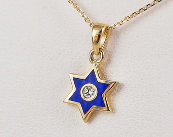 Tiny star of David necklace with a single diamond and blue enamel - small Jewish star pendant - Magen David charm for girls/women - minimal