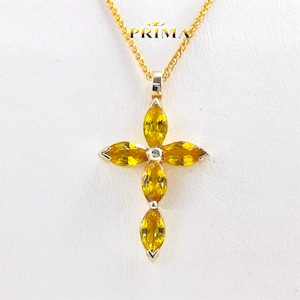 18K Gold Marquise Sapphire Cross Necklace • Yellow Sapphire Pendant • Handmade Religious Jewelry • Unique Cross Necklace • Mother’s Day Gift