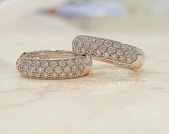 Natural diamonds huggie earrings 14k white gold 3 rows diamond hoop earrings for woman handmade huggie hoop earrings white gold