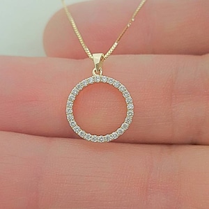 Diamond circle pendant / circle of life necklace / diamond eternity charm / 14k gold round outline pendant / Mother&#39;s day present