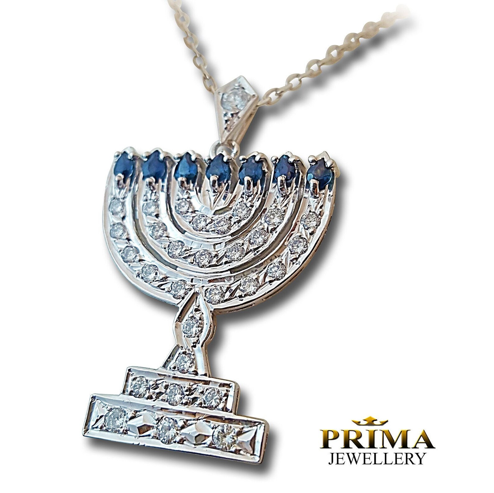 Diamond Menorah pendant necklace in white gold and sapphires Etsy