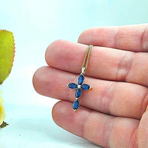 Marquise sapphire cross necklace | Blue sapphire cross pendant | Handmade cross | Unique religious jewelry 18k gold cross Christian necklace