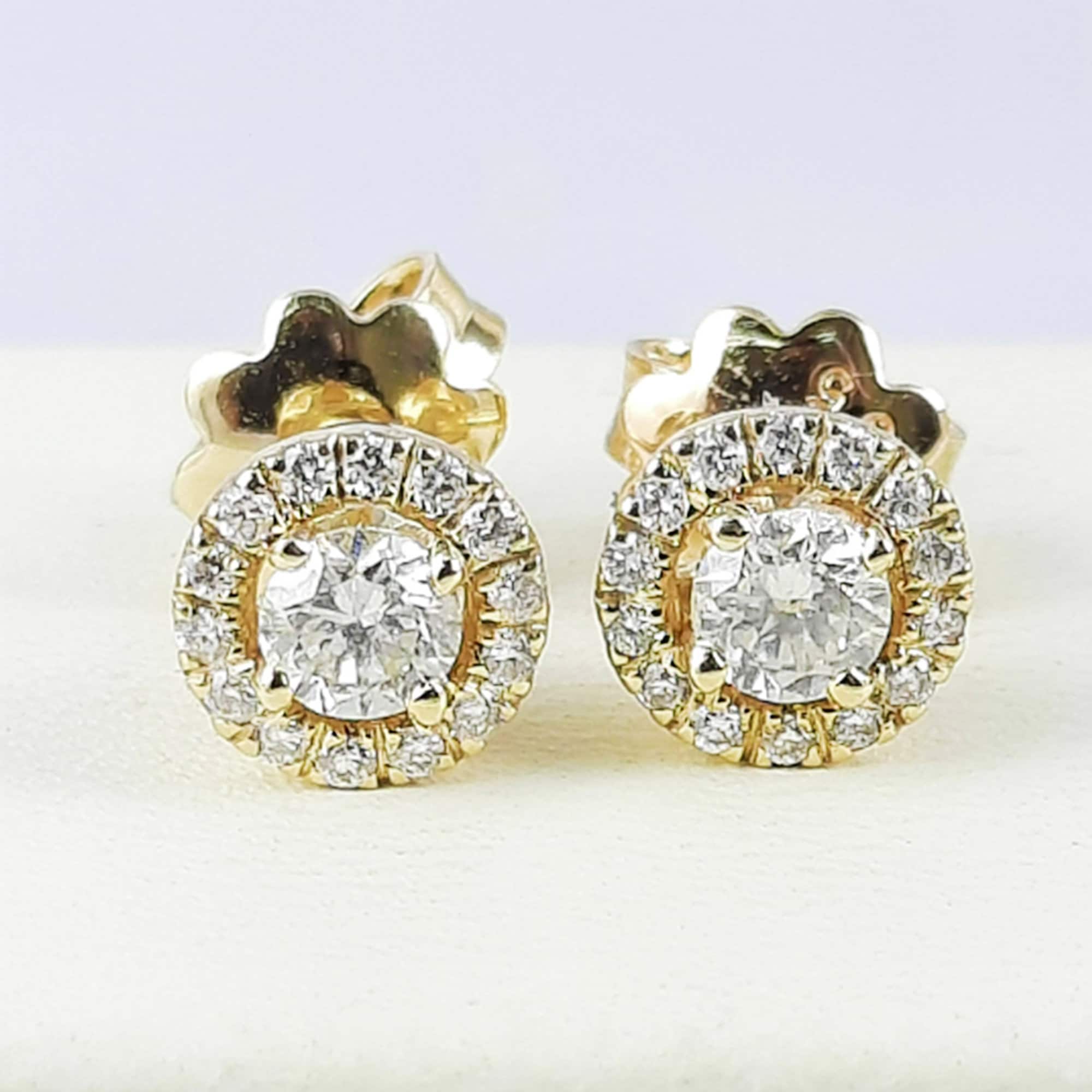 Halo diamond earrings in 14k yellow gold |  stud diamond earrings | gold bridal earring |  Post earrings |  Stud earrings