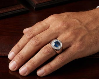 Anillo de oro blanco macizo de 14 k para hombre, anillo de topacio azul Londres para hombre, diamantes naturales, anillo de halo de diamantes, anillo de bodas ancho para él