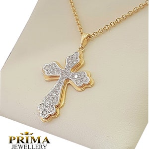 Orthodox cross necklace 18k gold and diamonds budded cross pendant two tone handmade gold cross Christian necklace
