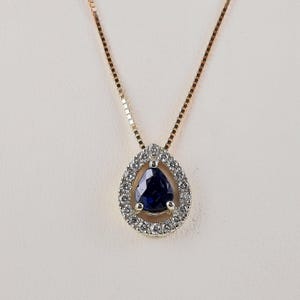 Blue sapphire necklace - Pear shaped natural gemstone necklace - sapphire and diamonds necklace - Sapphire halo necklace for women