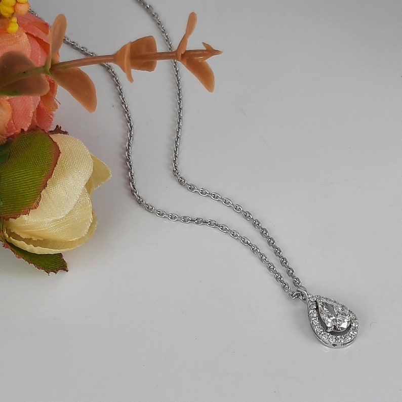 0.40 CT Center Pear Shaped Diamond Pendant Necklace, Halo Diamonds in