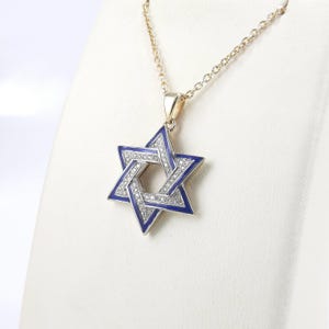 Diamant Davidstern Anhänger Halskette - 14K zweifarbige Gelb und Weißgold Jüdische Magen David - Handgemachter Jejuda Schmuck aus Israel