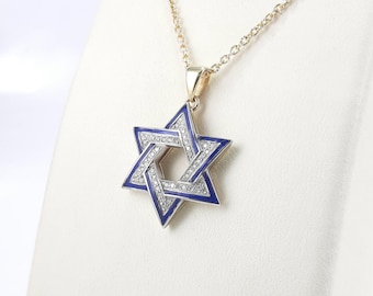 Diamond star of David pendant necklace - 14K two tone yellow and white gold Jewish Magen David  - Handmade Judaica jewelry from Israel