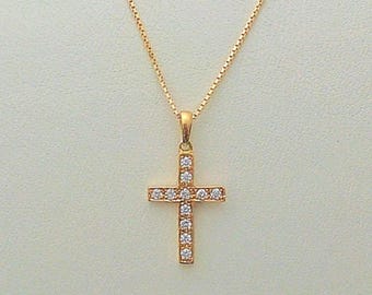 Small diamond cross necklace, delicate catholic religious jewelry, 14k gold cross, catholic cross pendant Christian necklace