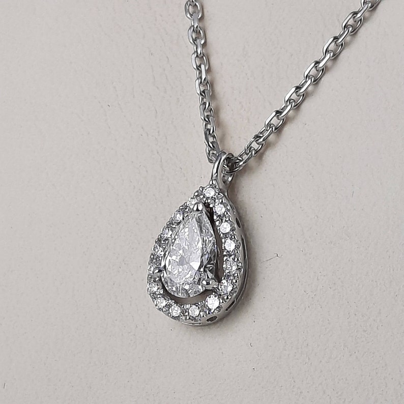 0.40 CT Center Pear Shaped Diamond Pendant Necklace, Halo Diamonds in