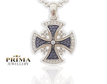 Jerusalem cross necklace in 14k white gold, diamonds and sapphires, Unique religious jewelry, sapphire cross pendant Christian necklace