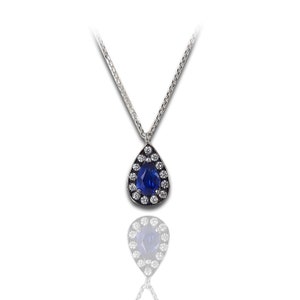 Natural sapphire and diamonds necklace, pear shape sapphire and diamond halo pendant in white gold, delicate teardrop sapphire necklace