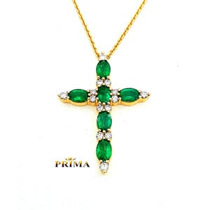 Emerald cross necklace | 18k yellow gold emerald cross | Diamond and emerald cross pendant | Handmade religious jewelry | Christian necklace
