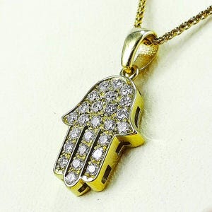 Diamond hamsa pendant necklace handmade solid gold Chamsa charm