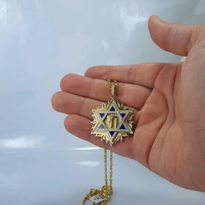 Collar genuino de estrella de David con chai en el interior, gran colgante único de Magen David con diamantes y esmalte azul, letra hebrea de joyería israelí