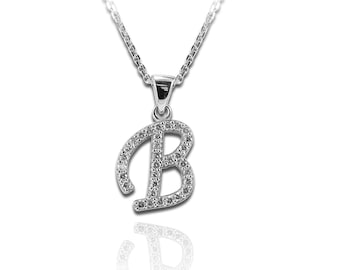 Diamond Initial Necklace, 14k White Gold Alphabet Pendant