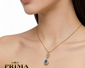 14k Yellow Gold Sapphire Diamond Pendant Necklace, Bridal Jewelry