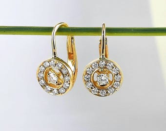 Diamond dangle drop earrings in 18k yellow gold, diamond halo drop earring for woman handmade diamond earrings