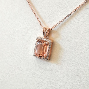 Morganite and diamonds necklace 14k rose gold handmade pendant natural pink gemstone rectangle halo diamond charm