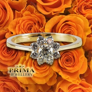 Anello di fidanzamento con alone di diamanti da 0,43 ct in oro giallo 14k, anello nuziale da donna, delicato anello a grappolo di diamanti, gioiello da sposa fatto a mano