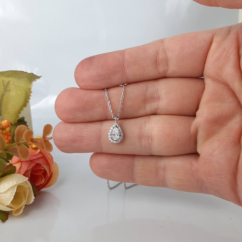 0.40 CT Center Pear Shaped Diamond Pendant Necklace, Halo Diamonds in