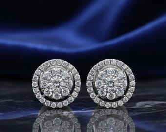 Diamond Halo Stud Earrings, 14k White Gold, Natural Diamonds 0.60ct