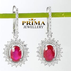 Natural Ruby Earrings • 18k White Gold & Diamond Halo Studs • Oval Red Gemstone Earrings • July Birthstone • Anniversary Gift for Her