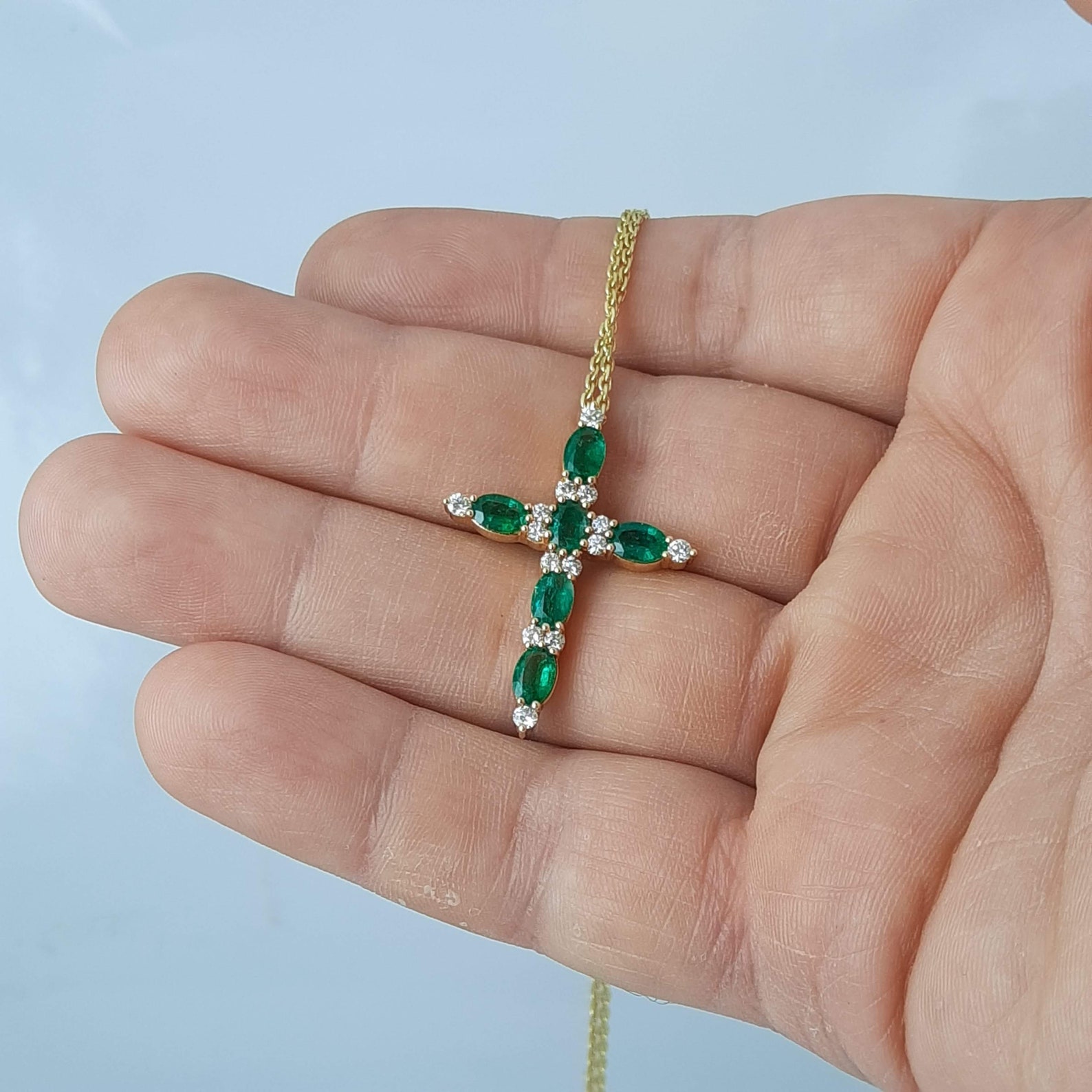 Emerald and diamond cross pendant necklace in 18k yellow gold Etsy