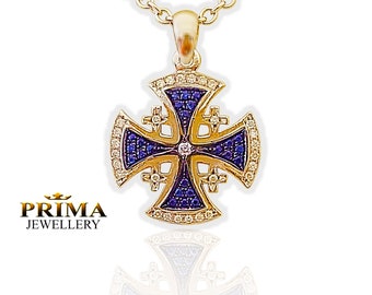 Jerusalem cross necklace | Sapphire and diamond cross pendant | Yellow gold Christian jewelry | Gift for baptism | Protection jewelry |