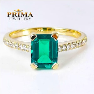 Emerald Engagement Ring | Lab Emerald and Diamond Side Stones | 14K Yellow Gold Gemstone Ring | Elegant Gift for Her