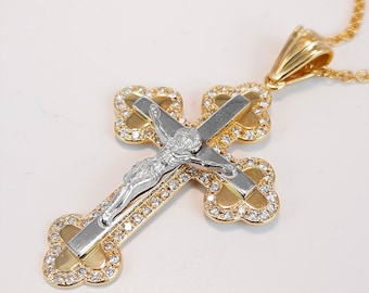 Diamond Orthodox cross necklace, 14k gold crucifix pendant, gold jewelry, Unique religious jewelry, unique cross jewelry