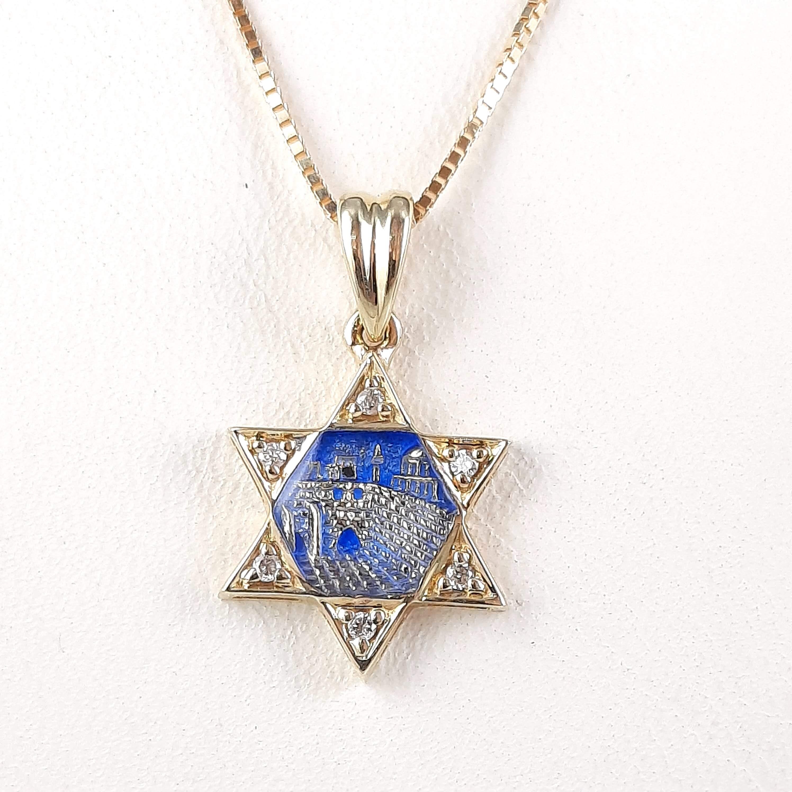 Star of David pendant necklace in yellow gold Blue enamel Etsy