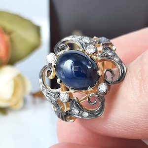 Oval cabochon sapphire and diamond ring in 14k yellow gold / 3.30 ct natural sapphire / Real vintage ring / Estate sapphire ring