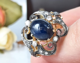 Vintage Oval Sapphire and Diamond Ring, 14k Yellow Gold Estate Jewelry