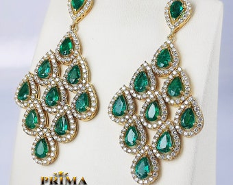 8.90 CT natural emeralds and 2.80 CT diamonds earrings | 18k yellow gold chandelier earrings | large multi gemstone earrings for woman