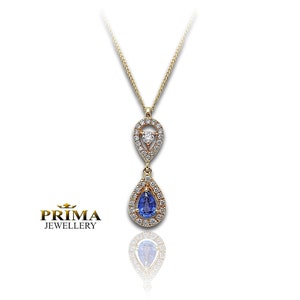 Delicate sapphire and diamond necklace, natural blue gemstone in 14k yellow gold handmade jewelry for woman