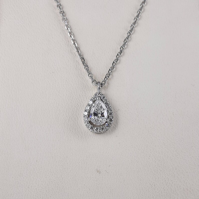 0.40 CT Center Pear Shaped Diamond Pendant Necklace, Halo Diamonds in