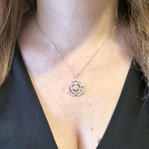 Diamond necklace 14k white gold and natural diamonds, elegant flower pendant for woman, floral jewelry, handmade diamond rose necklace