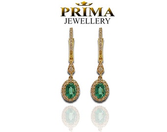 Natural emeralds and diamond long drop dangle earrings for woman in 18k yellow gold hale oval green genuine gemstones