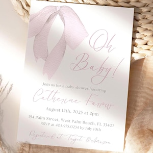 Baby Shower Girl Invite, Baby Pink Bow Baby Shower Invitation, Pink Bow Invitation, Girl Baby Shower, Editable template, Evite