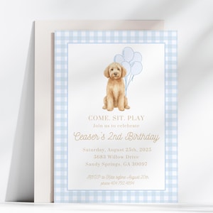 Inbjudan till valpfödelsedag: Blå gingham-goldendoodle (redigerbar Canvas-mall, digital nedladdning)