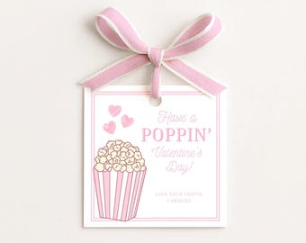 Etiqueta de regalo editable de palomitas de maíz para San Valentín / Recuerdo rosa para el aula (Plantilla de Canva de descarga instantánea)